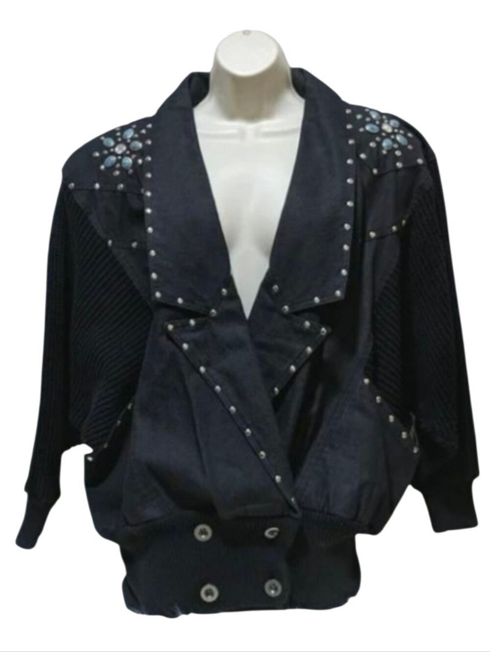 ✨ Vintage 80s 90s Studded Embellished Denim Sweater Knit Bomber Jacket ✨